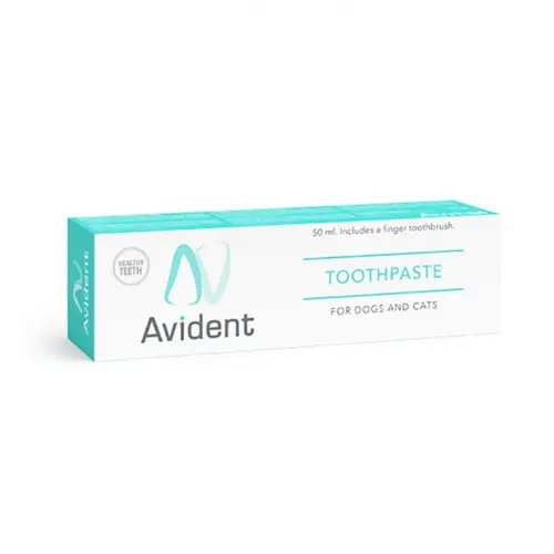 En vit förpackning med tandkräm för hundar tillverkad av Avident